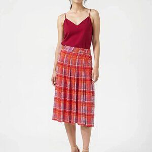 Vintage 70s Adolfo For Saks Purple Red Orange Silk Pleated Plaid Skirt 12-14 XL